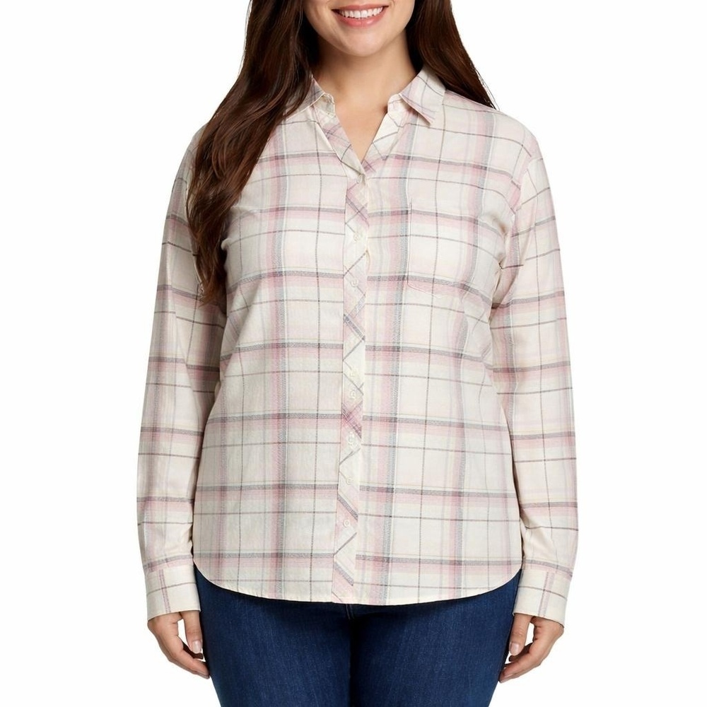 Weatherproof Women's XXL Plaid Blouse Pink Cotton Blend H0624